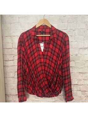 GAP Womens Red Plaid Print Wrap Front Long Sleeve Top Blouse Size Medium NEW